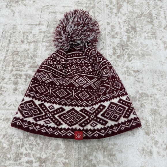 Krimson Klover Hat Beanie Pom Pom Womens One Size Burgundy White Fair Isle Wool - Picture 1 of 8